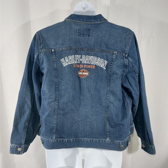 HARLEY DAVIDSON! BACK BIG EMBROIDERED LOGO CLASSIC BLUE DENIM JEAN JACKET! SZ 1X - Picture 2 of 10